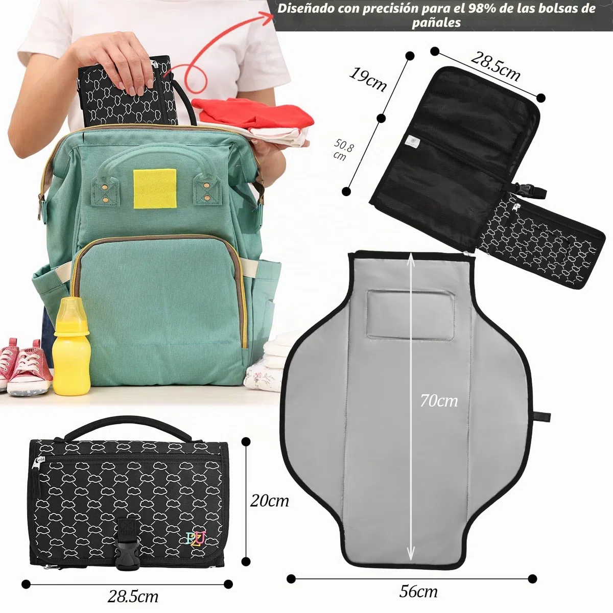 Cambiador portátil bebé - Cambiador viaje bebé con bolsillo para toallitas y cojín para la cabeza, impermeable, extraíble - Regalo ideal para recién nacido（Negro）