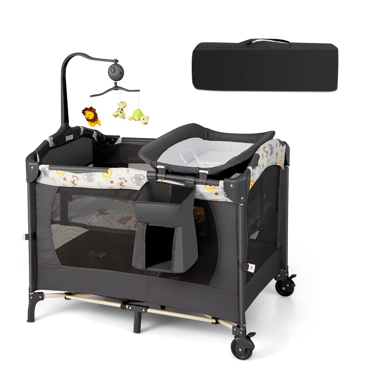 COSTWAY 4 en 1 Cuna de Viaje Plegable para Bebé con Colchón Cambiador, Parque Infantil Cuna Bebe con 3 Juguetes, Caja de Música y Bolsa de Transporte, Cuna Bebe con Colecho (Gris Oscuro)