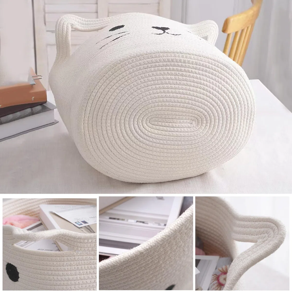 Cesta de almacenamiento 2 en 1 para niños y ropa sucia, cuerda de algodón trenzada, cesta de almacenamiento multifunción, color blanco, dibujos animados Maomao, plegable, 40 x 30 cm