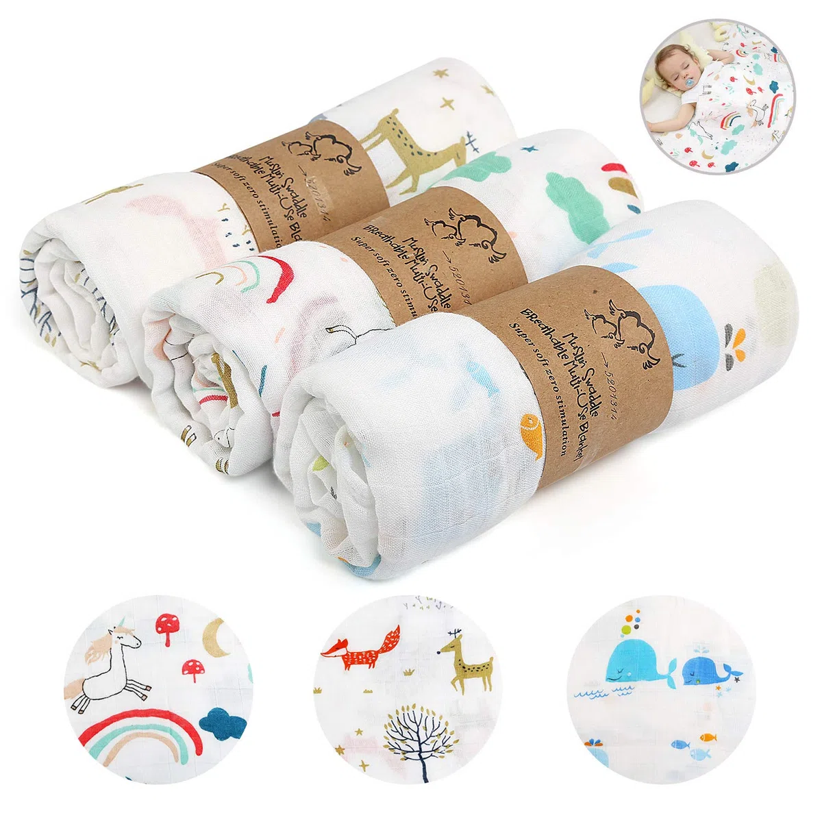 Ballery Muselina Manta Bebé, 3 Piezas Softan Muselina Bambú Bebe, Mantas Swaddle Bebé de Envoltura, 120x120cm