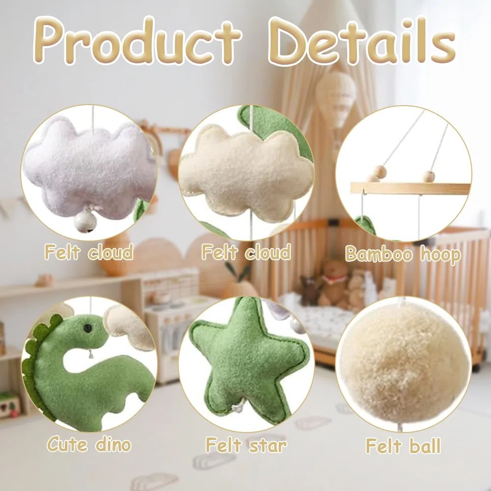Movil Cuna Bebé de Madera con Dinosaurios, Estrellas y Nubes en Fieltro, Decoración Colgante para Habitación Infantil, Regalo