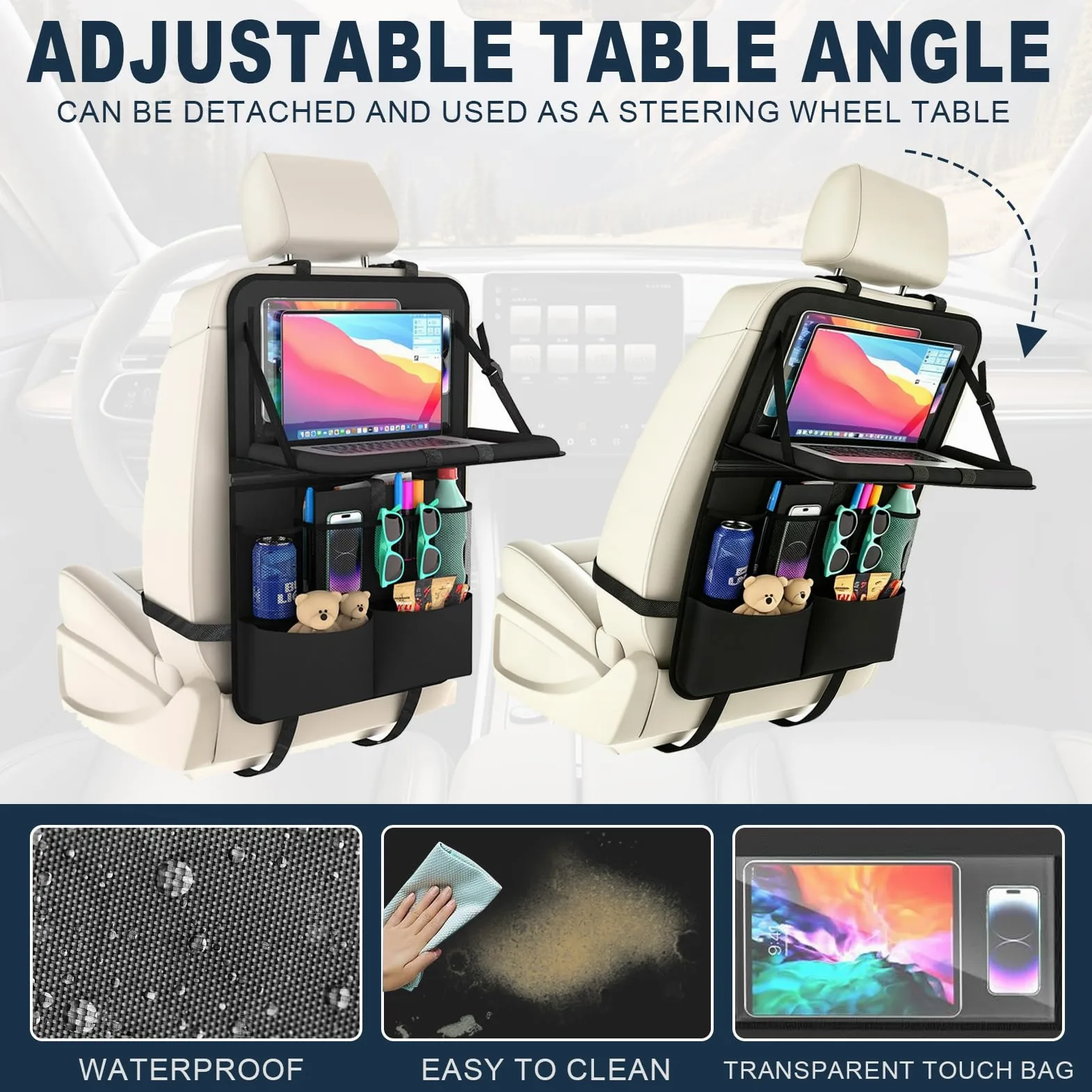 Juego de 2 organizadores para coche con mesa plegable desmontable, 62 x 42 cm, organizador de asiento trasero para niños y adultos, 11 bolsillos + compartimento para pantalla táctil, protector