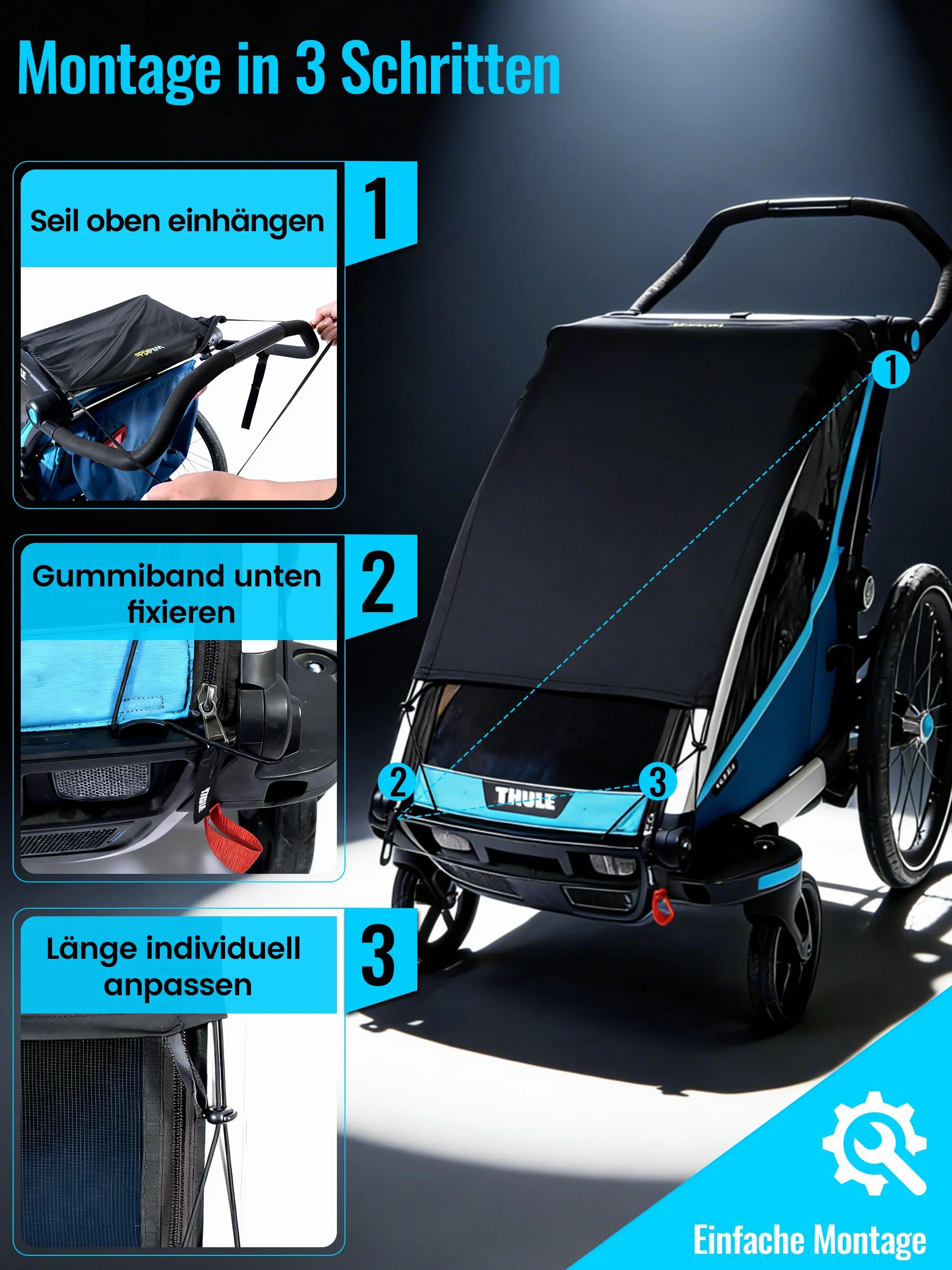 Wildkids Parasol para remolque de bicicleta (remolque individual para niños), protección solar UPF50+, con cordón ajustable, compatible con Thule, Kesser, Hauck y otras marcas