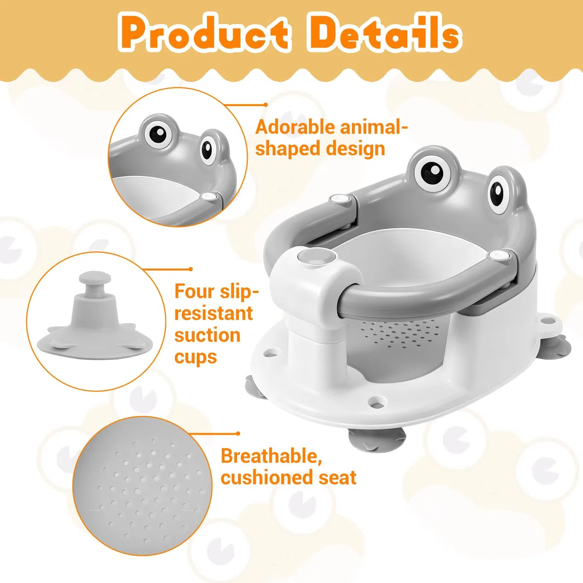 Asiento de Baño para Bebés desde 6 Meses, Diseño Antideslizante con 4 Ventosas Resistentes para Máxima Estabilidad, Construcción Portátil & Segura para Ducha o Bañera, Bebés