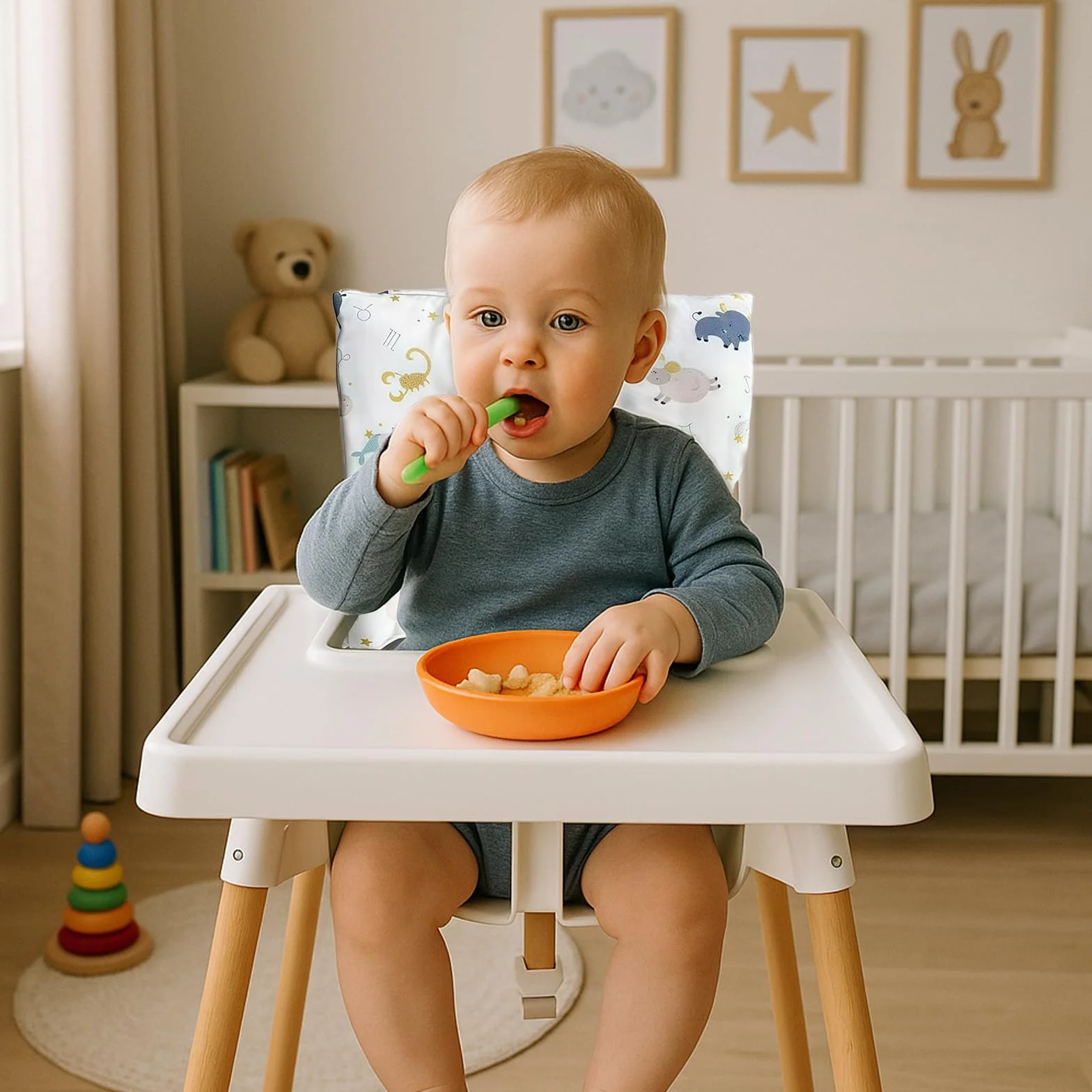 Juego de 2 cojines para trona Stokke Tripp Trapp, de algodón orgánico con revestimiento laminado resistente al agua, fácil de limpiar y extraíble, lavable a máquina (animales marinos)