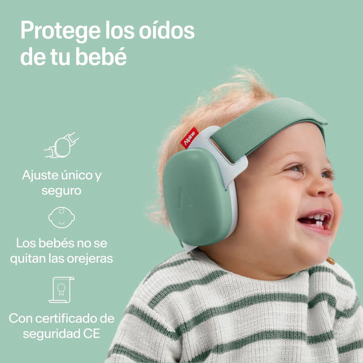 Alpine Muffy Baby Confort – Cascos Bebe Antiruido – Certificado CE & ANSI – Diadema Única Para Un Ajuste Seguro Y Cómodo – Protección Auditiva Ajustable Hasta 48 Meses – Atenuación De 24 dB, Verde
