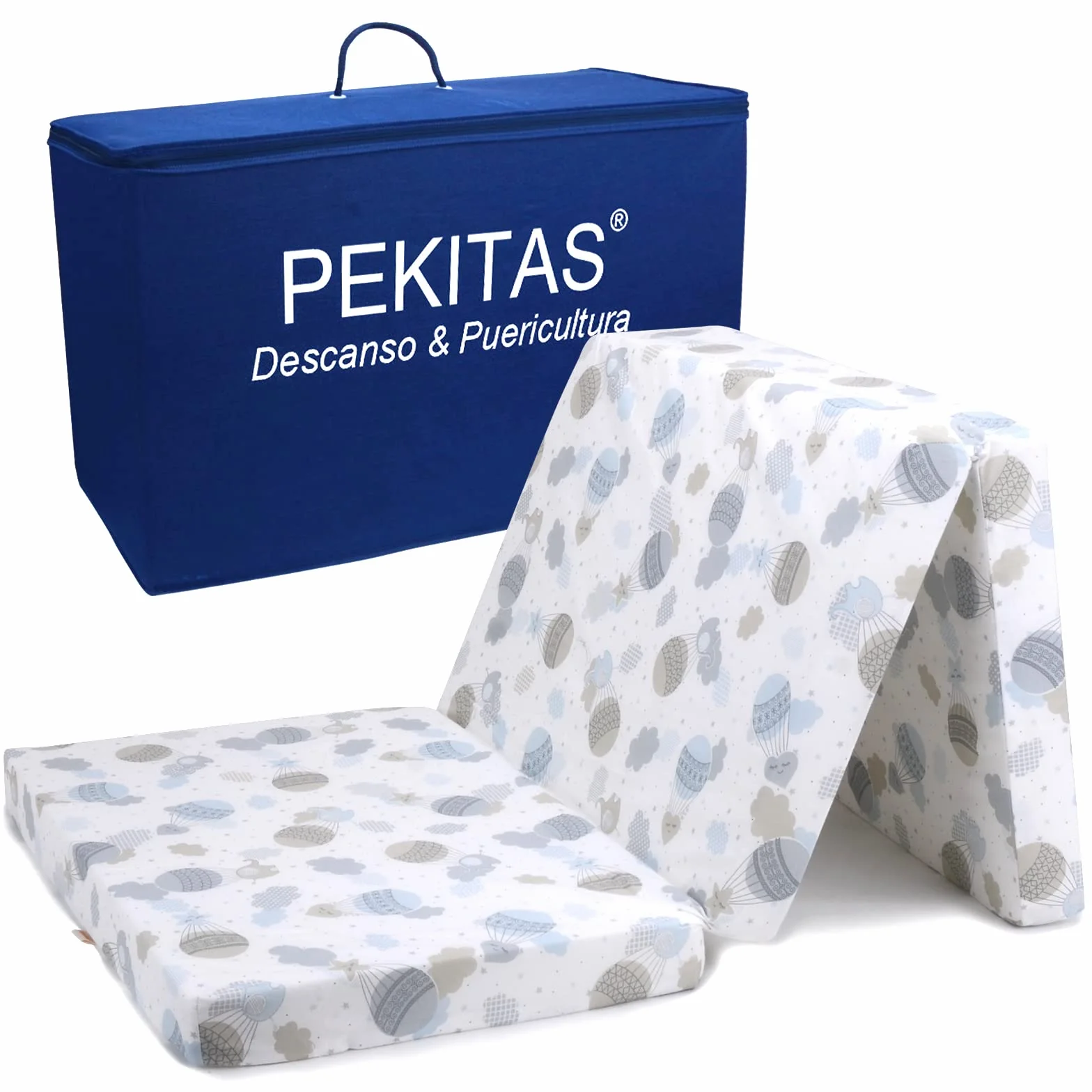PEKITAS Colchón Cuna De Viaje Plegable 60x120 cm Altura 6 cm Incluye Bolsa Transporte Bebé Funda Desmontable Lavable Transpirable Estampado Globo Verdes