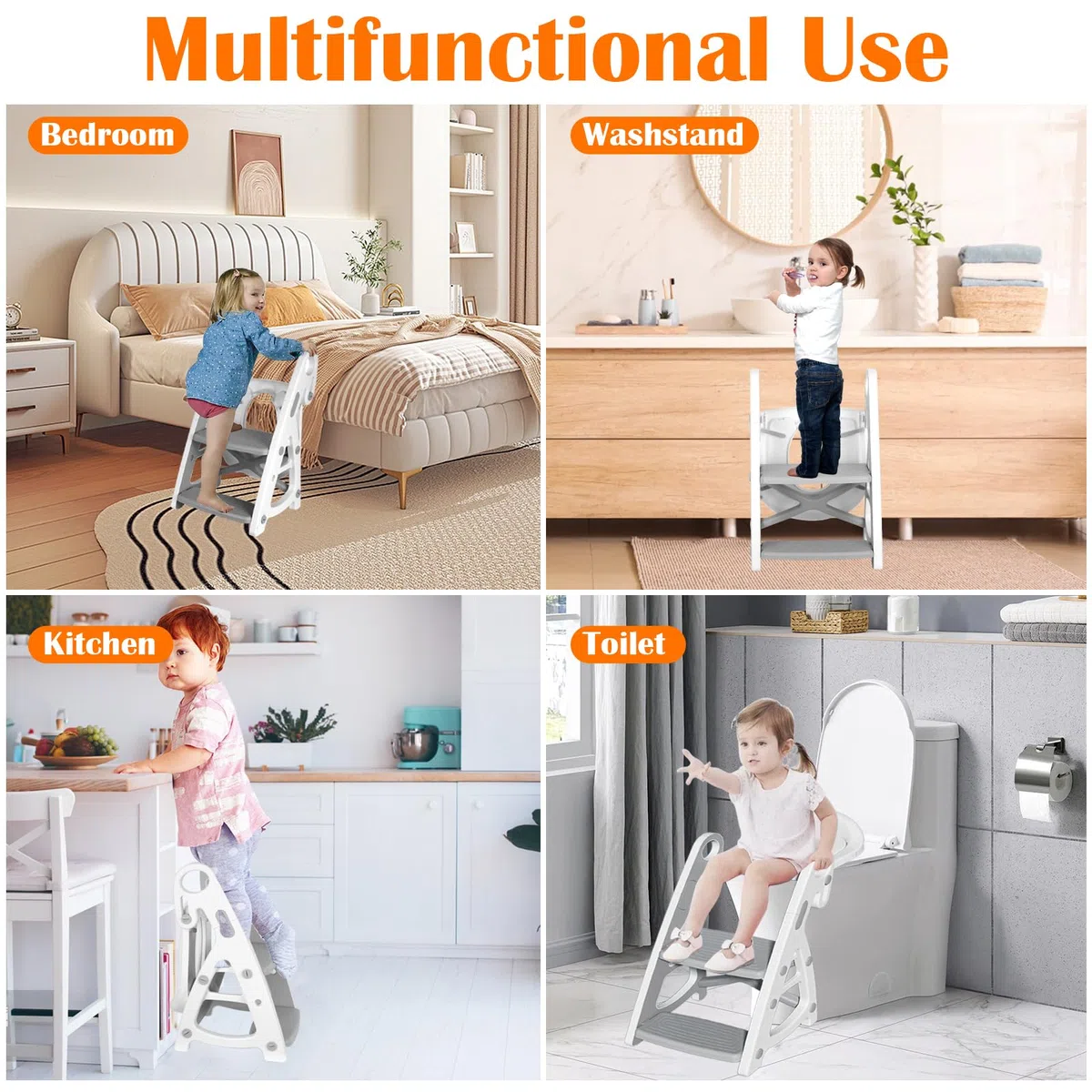 Withosent Adaptador WC Niños con Escalera, Ajustable Altura Reductor WC con PU Cojín, 2 en 1 Plegable Escalera Niños con Antideslizante Taburete, Potty Training Adaptador Baño para Bebé