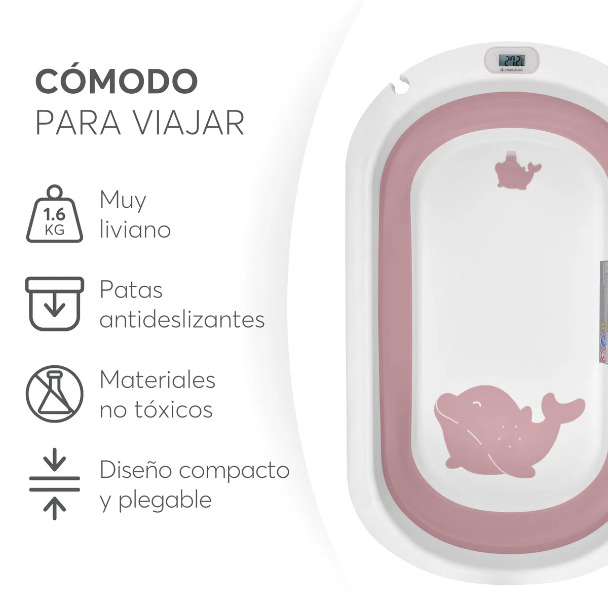 KikkaBoo Bañera para Bebés WILLY, Diseño Plegable, Termómetro Integrado, Cojín de Baño Suave, Patas Antideslizantes, Tapón de Drenaje, Material No Tóxico, Rosa