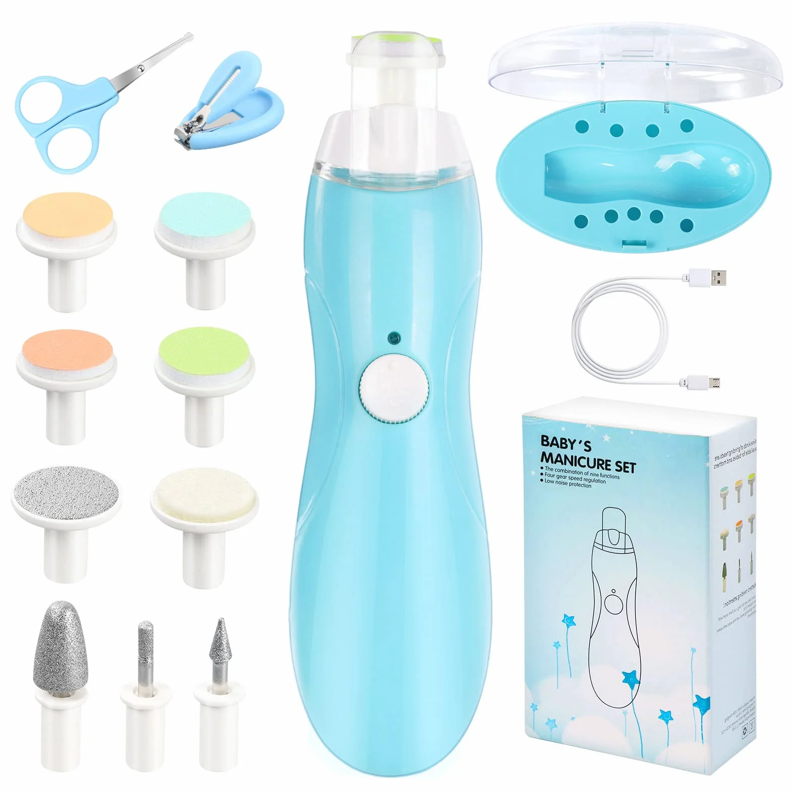 Vicloon Eléctrico Lima de Uñas del Bebé,14 en 1 Uñas Bebé Recién Nacido,Cortadora de Uñas Eléctrica para Bebés con Luz LED 9 Cabezales de Molienda Segura Recargable para Bebés, Niños Pequeños, Mujeres