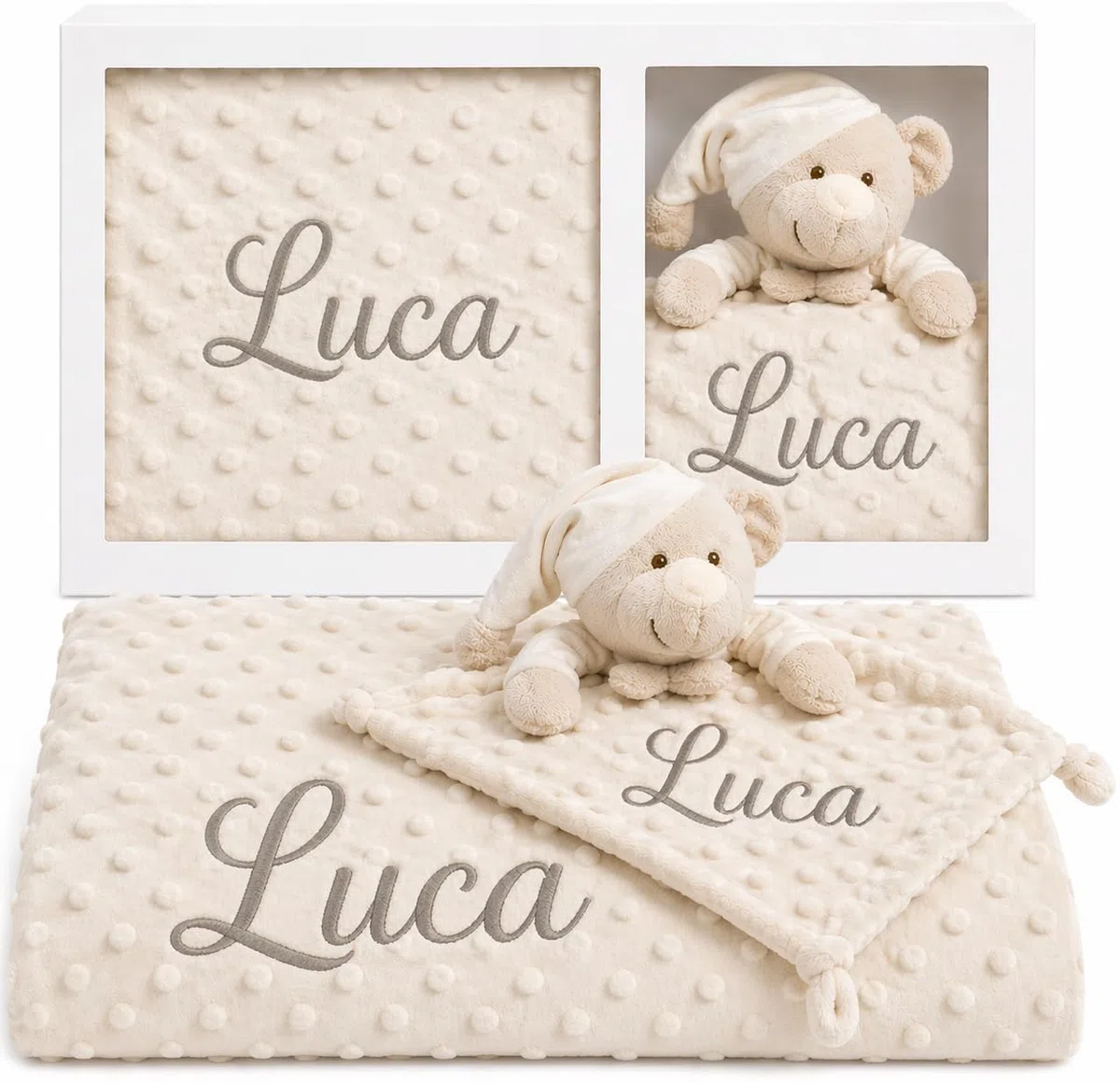 mibebestore Pack Manta Bebé Personalizada con Nombre con Doudou Bordado Regalo para Recién Nacido Niño o Niña Mantita Minky Suave 80x100 cm Dou Dou 25x25 cm para Cuna Coche - Oso Beige