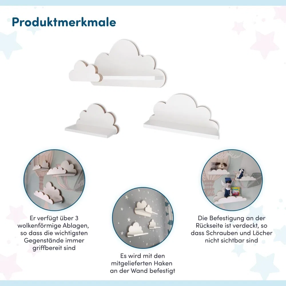 Estantería con Nubes para habitación de bebé, Juego de 3 Unidades, estantería de Pared para habitación Infantil en Color Blanco, estantería de Madera en Estilo escandinavo, estantería
