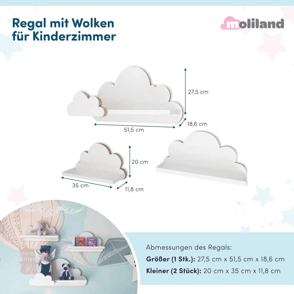 Estantería con Nubes para habitación de bebé, Juego de 3 Unidades, estantería de Pared para habitación Infantil en Color Blanco, estantería de Madera en Estilo escandinavo, estantería