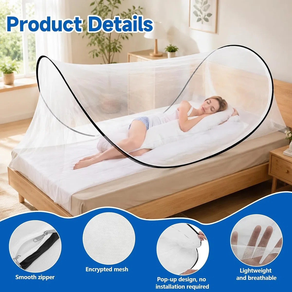 Mosquitera Plegable, Mosquitera para Cama Pop Up Portátil No Requiere Instalación Mosquitera Cama Ultraligera para Viaje con Cremallera para Camping, Familiar, Dormitorio
