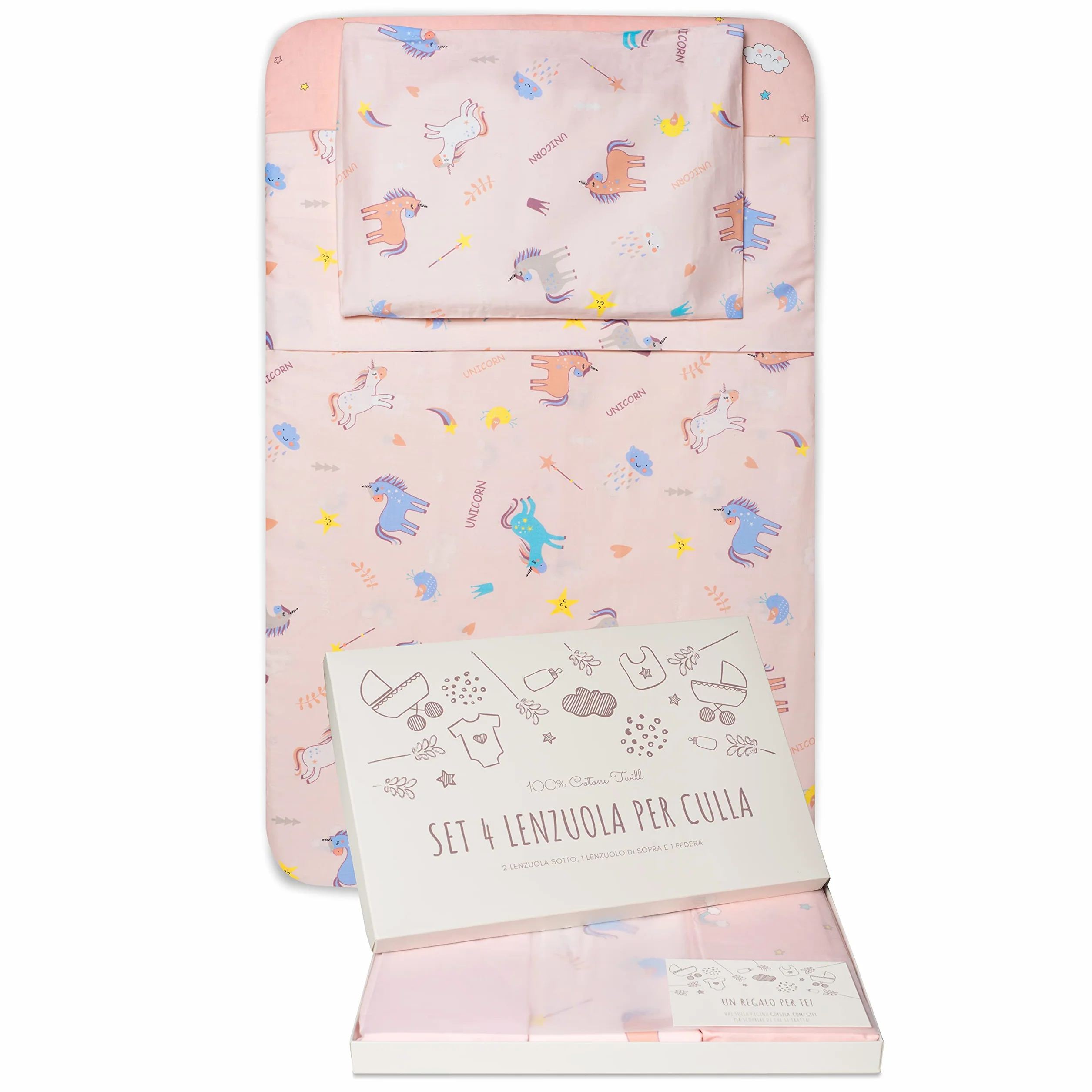 GOYSILA Sabanas Next2Me Chicco 4Piezas 100% Algodon Certificado Oeko-Tex Colchón 50x83cm 2 Bajeras 1 Encimera 1 Funda de Almohada Compatible Cuna Calidoo Lullago Kinderkraft (Unicornios)
