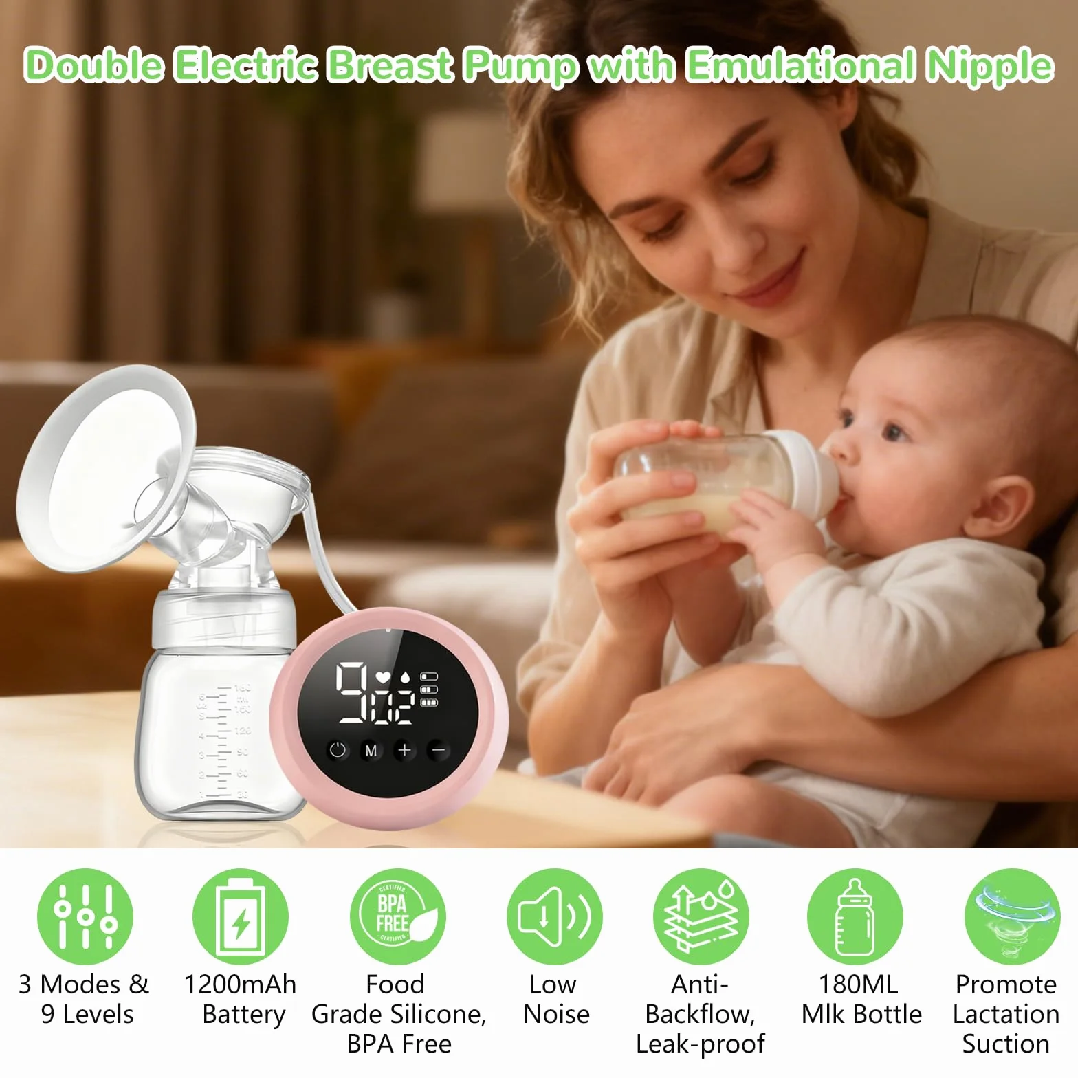 Sacaleches Eléctricos Doble, Extractor de Leche Portátil, 3 Modos 9 Niveles, Sacaleches Electricos Manos Libres, Sin BPA, Extractor de Leche Silencioso e Indoloro para viajes y hogar, Rosa