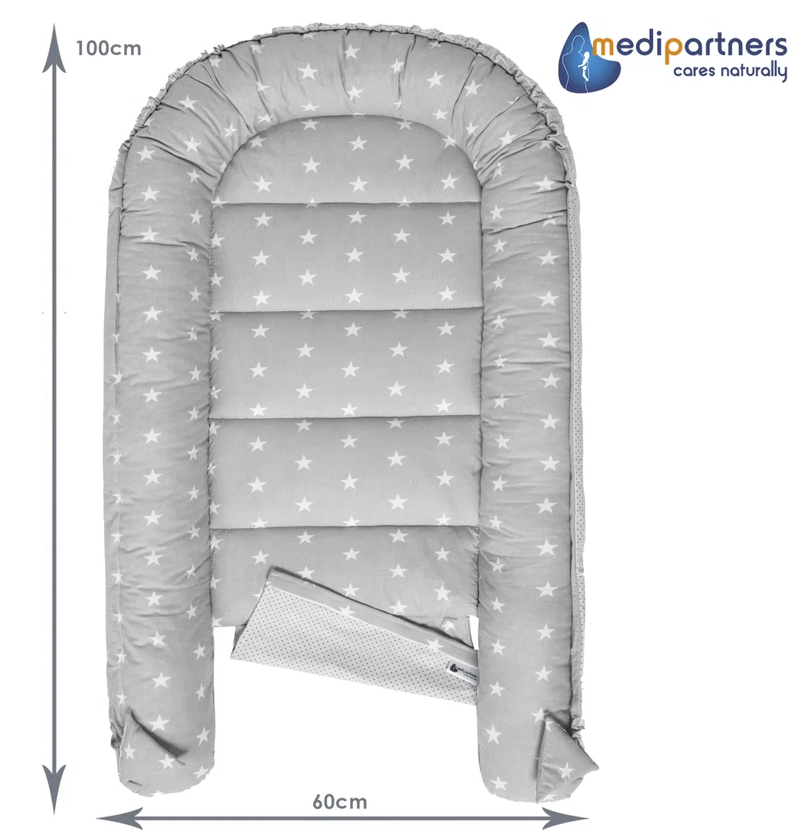 Medi Partners Nido Bebe Recien Nacido Reductor de Cuna - 100x60x15 Portátil o de Viaje de Colecho anticolicos Bilateral Bebés 100% Algodón Minky (Estrellas Blancas sobre Gris con Gris Minky)