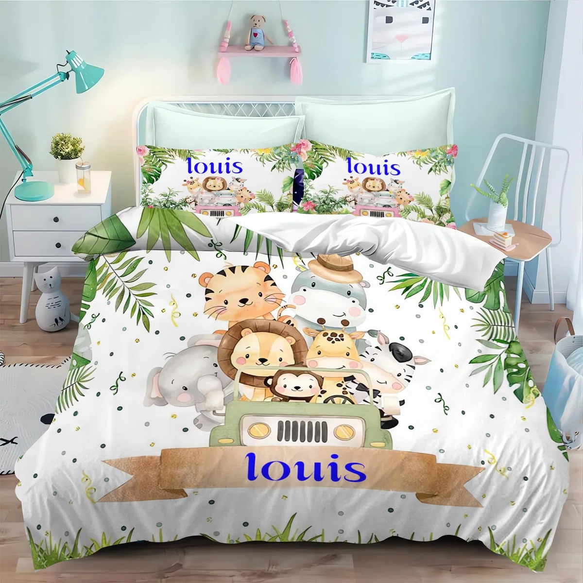 CHEFFS Ropa de cama personalizada para bebé con animales, elefante, cebra, jirafa, león, ropa de cama para niños con nombre, funda de edredón y almohada personalizada de animales salvajes (135 x 200