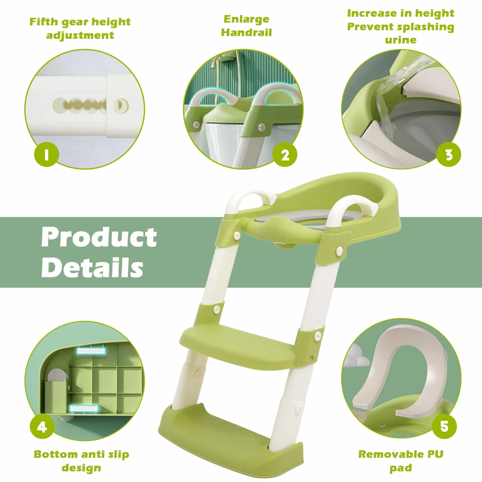 Adaptador WC Niños con Escalera, Reductor WC niños plegable con asa para niños, Escalera de inodoro ajustable en altura con asiento cómodo y escalones extra anchos (Verde)