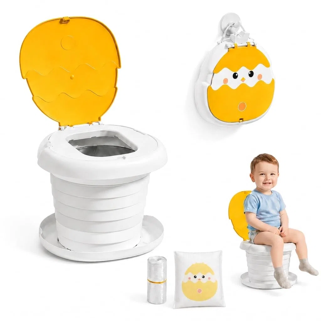Orinal Portátil Niños Plegable | Orinales Infantiles con 6 Alturas Ajustables | Soporta Hasta 50Kg | Incluye Funda de Transporte y 20 Bolsas Desechables (Amarillo)