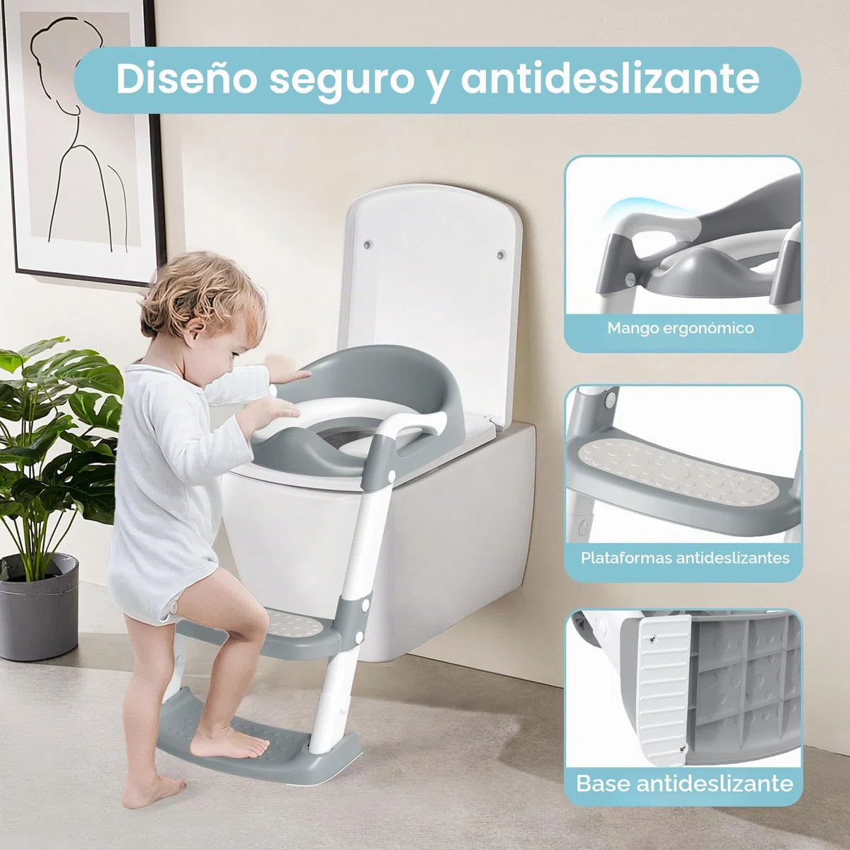 COOSEYA Adaptador Wc Niños, Infantil Asiento Inodoro, Reductor Wc Niños Plegable Antideslizante Cojín Suave A Prueba de Salpicaduras (Gris)