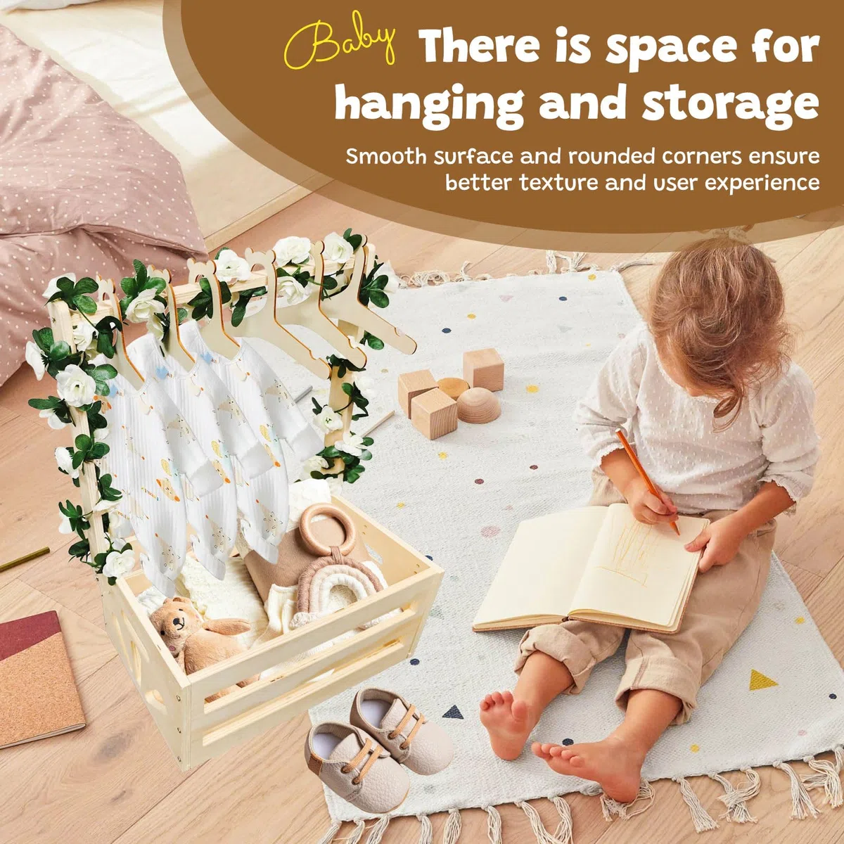 Cesta de madera para bebé, regalo con asa, cajas de baby shower, cesta de lavandería, recién nacidos, ducha, práctica caja de almacenamiento para niños y niñas, embarazo (color madera)