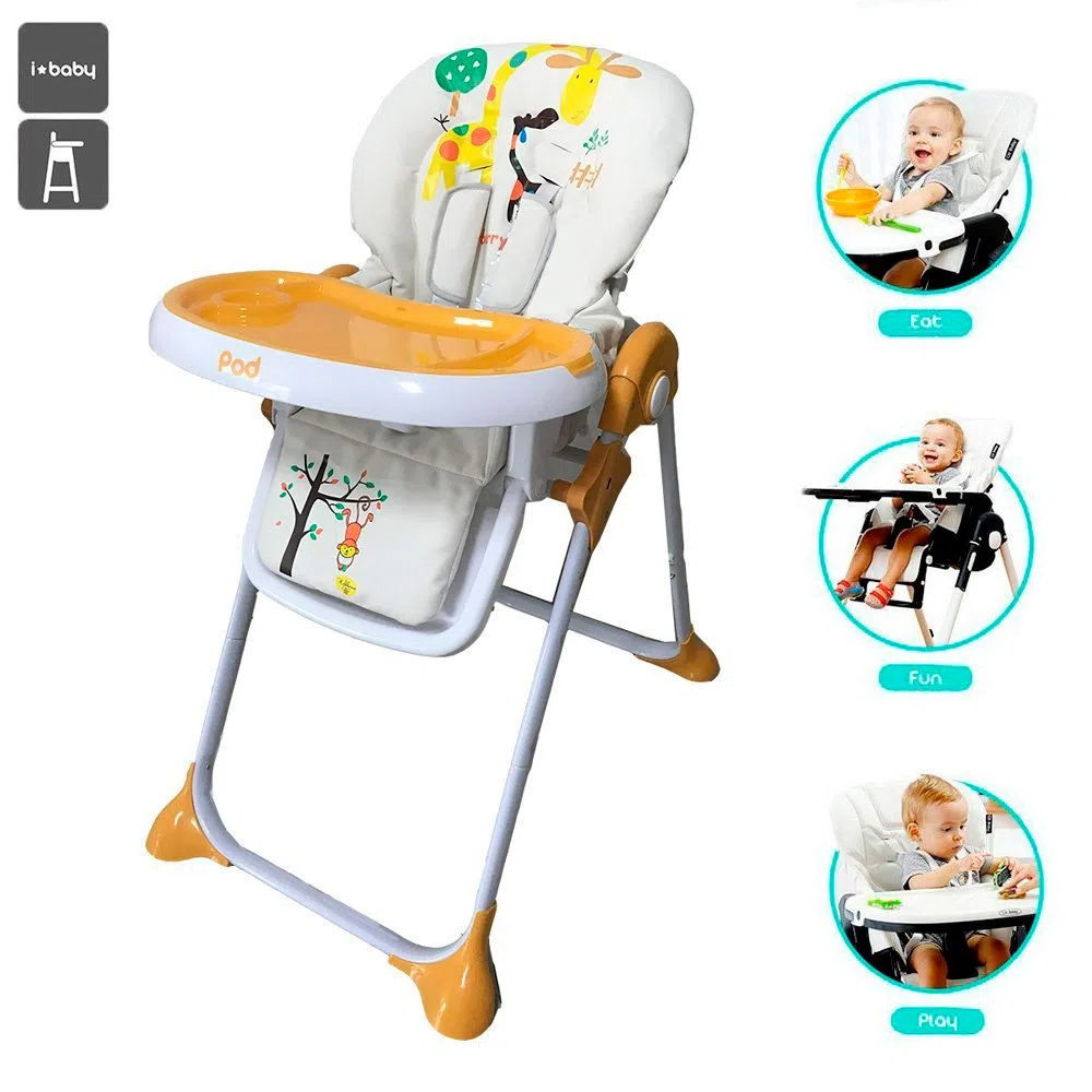 Star Ibaby Pod Giraffe - Trona para Bebes Reclinable, Altura Regulable en 6 Posiciones, Doble Bandeja Extraible, Blanco/Naranja
