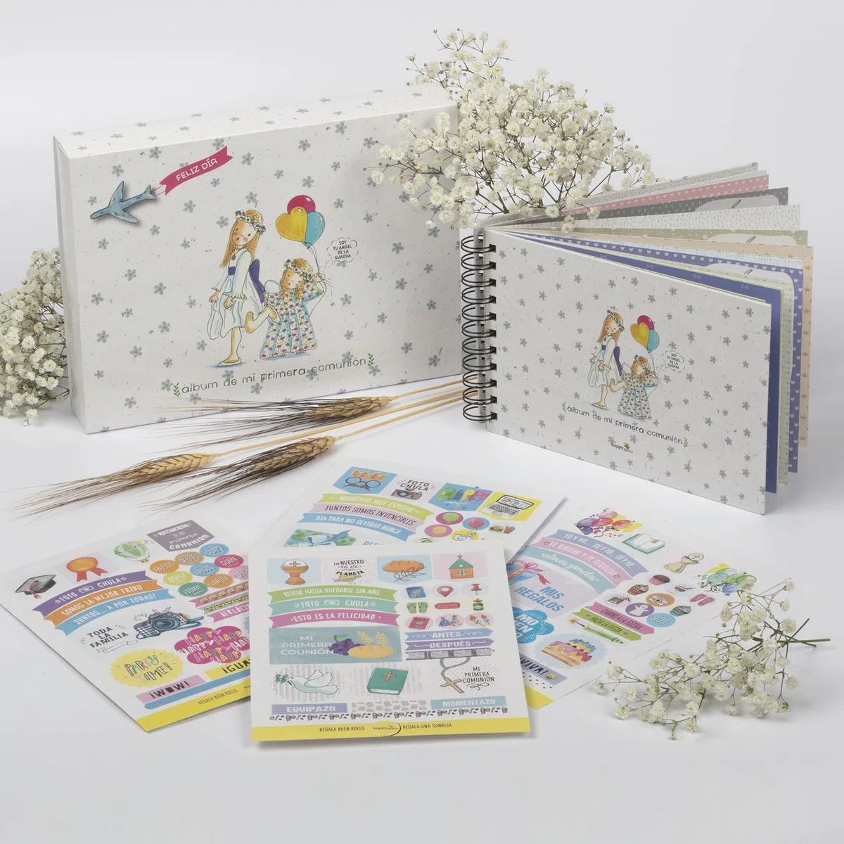 Happymots - Album Fotos Comunión Niña, 22cm x 15cm, Libro de Firmas Comunión Niña, Viene con Caja Protectora, Album Fotos para Pegar y Escribir, Set de Pegatinas Decorativas Incluido.