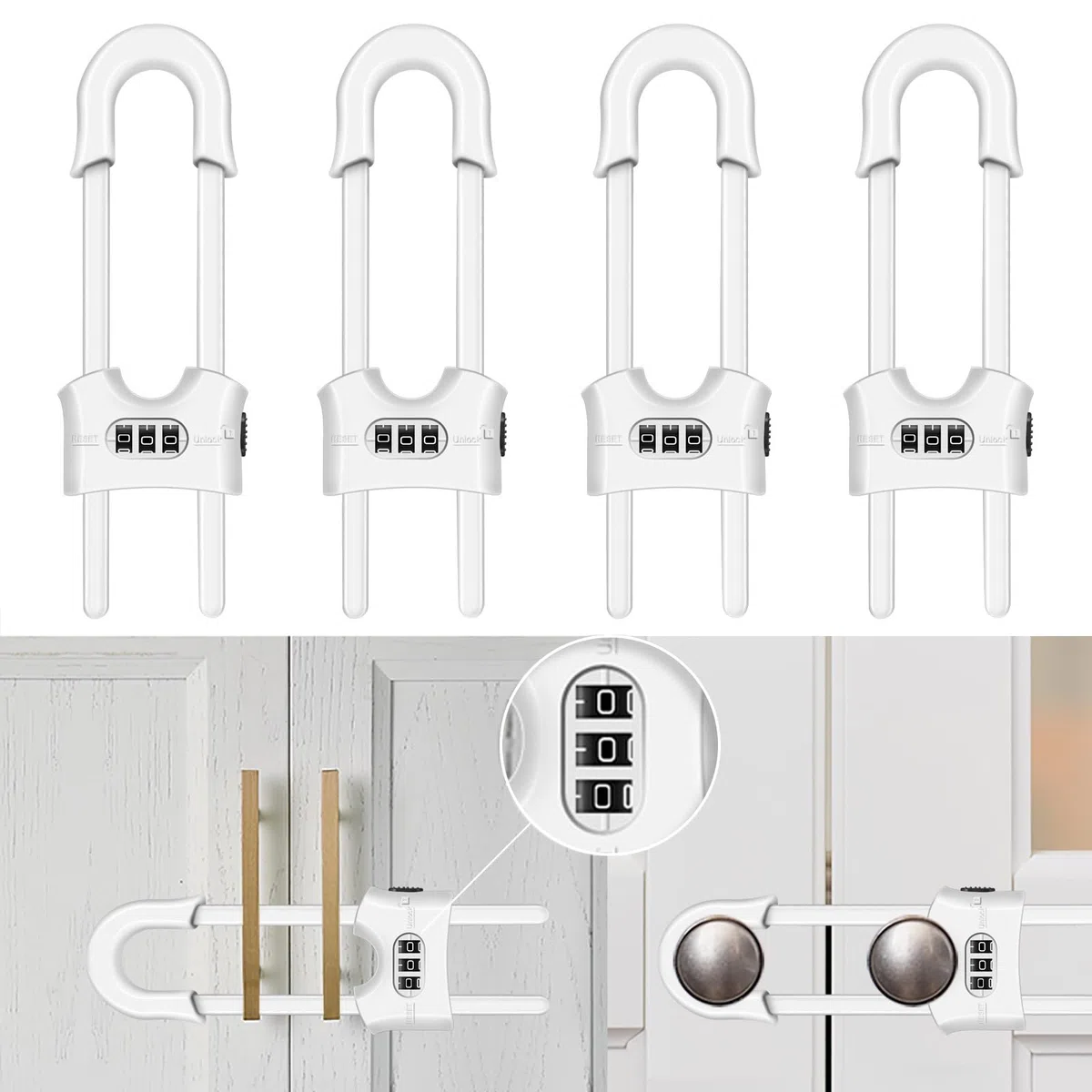 Paquete de 4 candados reutilizables para armarios, cerraduras deslizantes de seguridad para niños, en forma de U, ajustables con contraseña de 3 dígitos para armarios de cocina y armarios, se instala