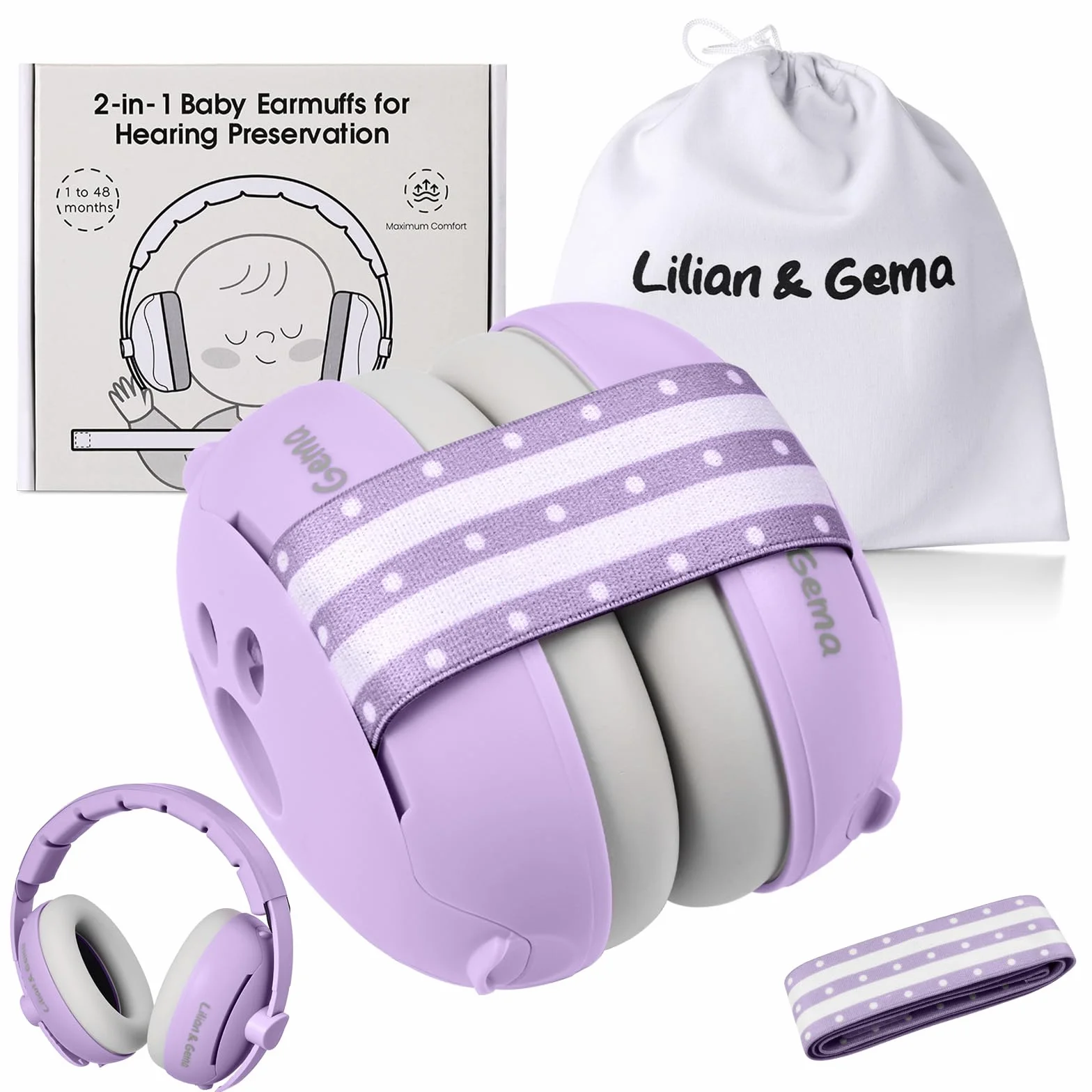Lilian & Gema 2 en 1 casco antiruido para bebés, casco antiruido, cómodo y ajustable, protección auditiva para niños menores de 48 meses, adecuado para el sueño y las actividades