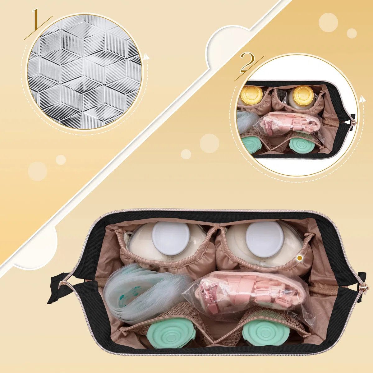 Fasrom Bolsa extractor de leche portátil compatible con sacaleches Elvie Pump in Style, funda de transporte de doble capa con esterilla impermeable y bolsillos aislantes para madres trabajadoras Negra