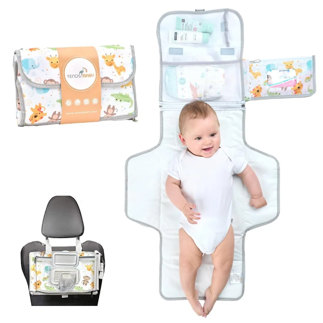 Cambiador para viajes compacto XL – Bolso cambiador desmontable combinable con 6 compartimentos, dispensador de toallitas y cómodo cojín para la cabeza de tu bebé.