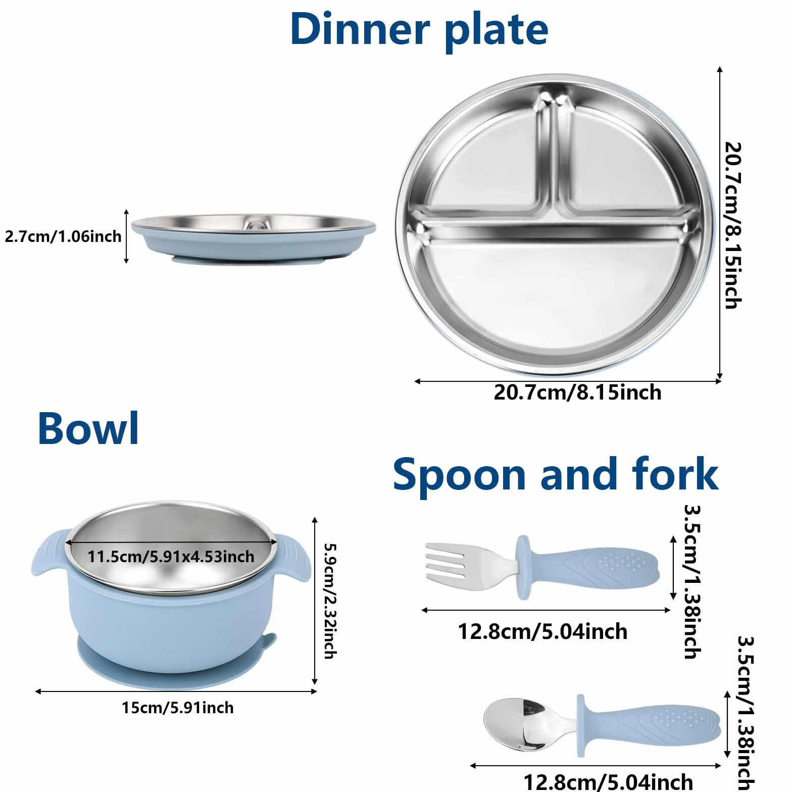 lasuroa Juego de 4 Platos de Acero Inoxidable para Bebé: Incluye 1 Plato con Compartimentos y Ventosa, 1 Tazón con Doble Asa, 1 Tenedor y 1 Cuchara Bandejas para Aperitivos y Artículos Alimentación