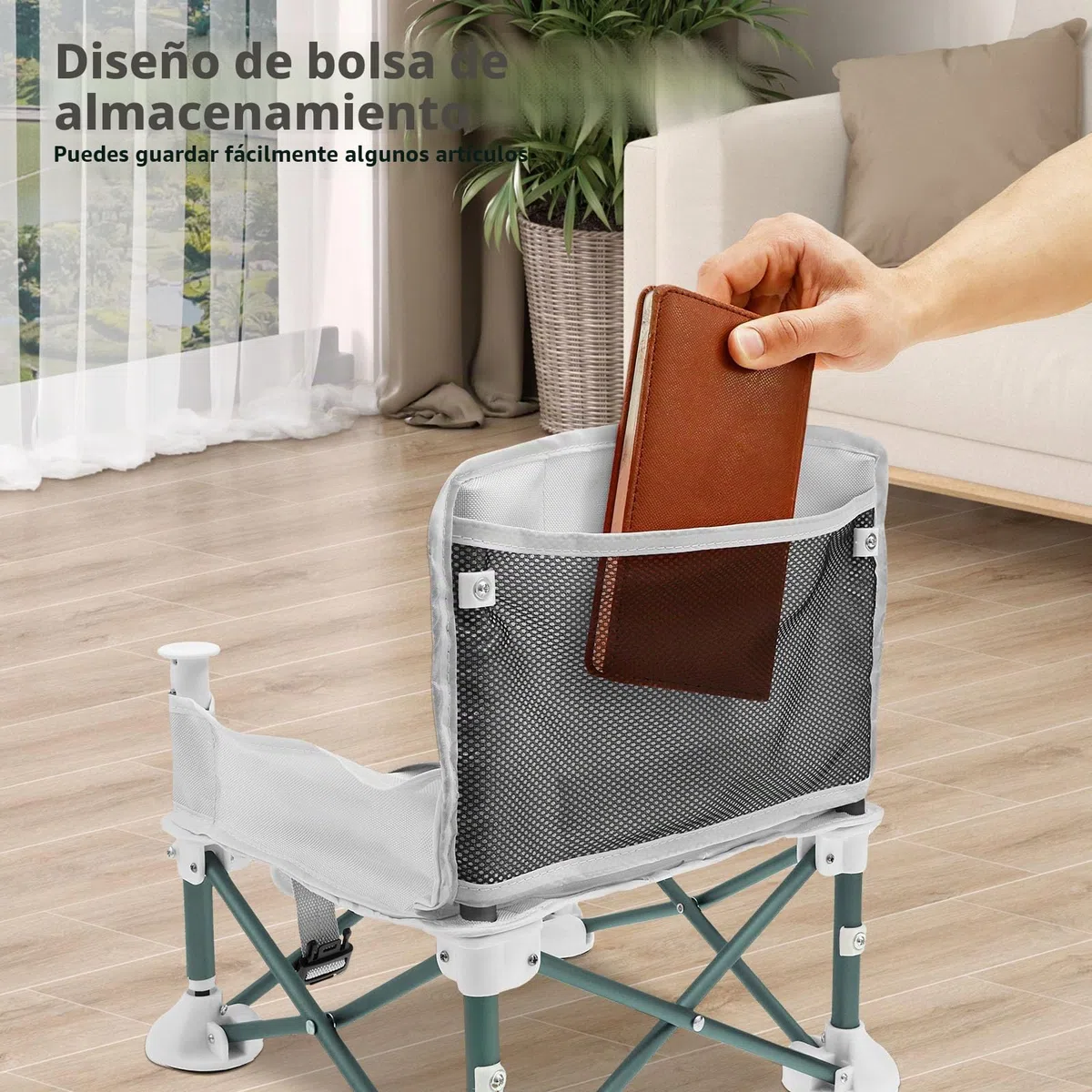 Silla de camping para bebé, trona de viaje para bebé con cinturón de seguridad infantil y compartimento de almacenamiento trasero, plegable, con forro extraíble para interior y exterior (gris)