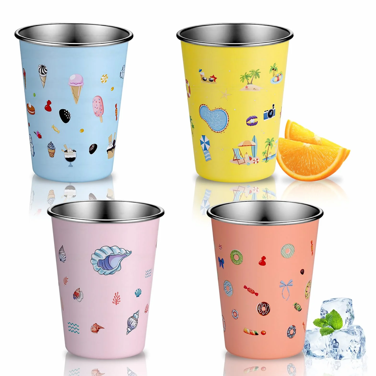 4 Piezas Vaso de Acero Inoxidable para Niños, 350ML Vaso Infantil, Set de Vasos Reutilizables, Copas de Camping Apilable para Niños y Niñas (Azul, Amarillo, Naranja, Rosa)