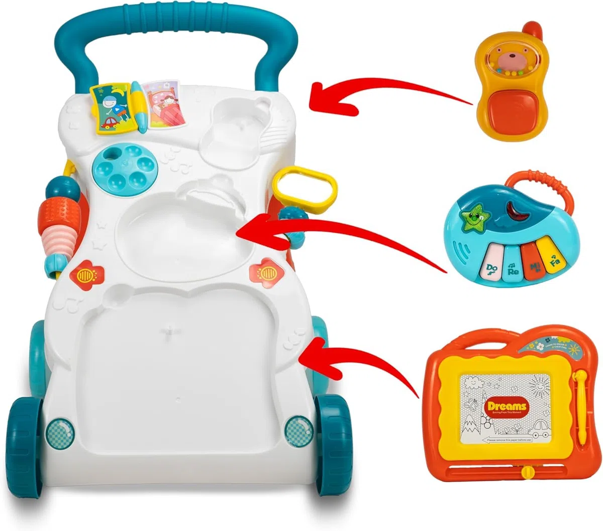 Correpasillos Bebé, Andador Bebé primeros pasos. Ruedas con velocidad regulable. Contiene instrumento musical, Pizarra y juguetes, a partir de 12M+ (BLANCO)