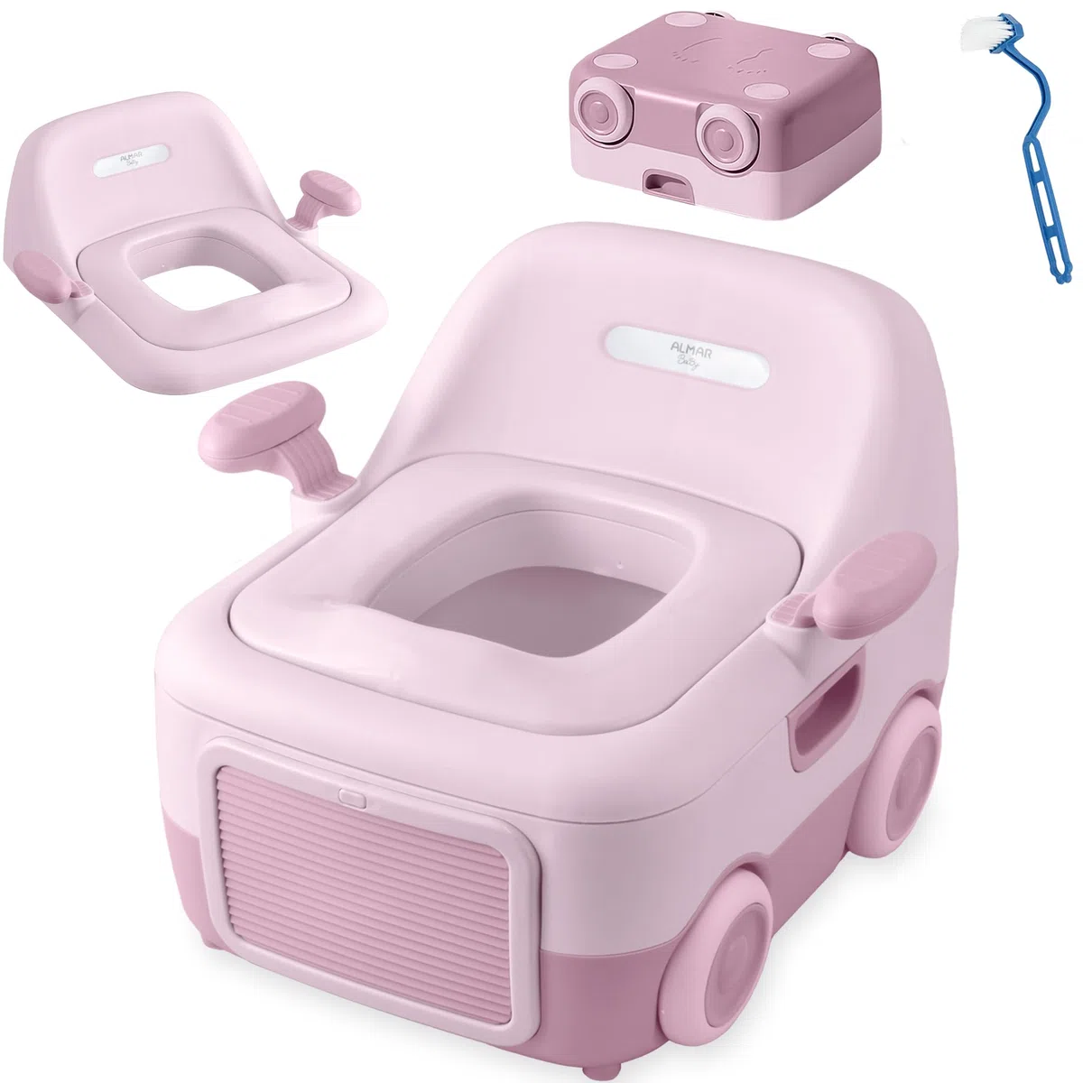 ALMAR Baby Orinal en forma de coche para niños 3 en 1 multifuncion, orinal portatil para bebes, adaptador de wc y taburete alzador aprendizaje para niños vater portatil (Rosa)