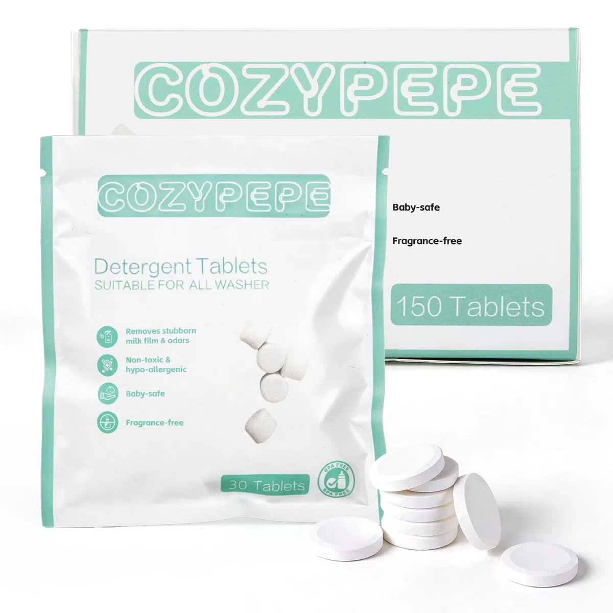 Tabletas detergentes para lavavajillas de biberones de bebé, 150 unidades, fórmula suave de disolución rápida, elimina residuos de leche, grasa y olores, compatible con todas las marcas, apto para lav
