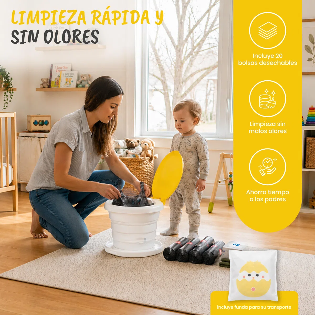 Orinal Portátil Niños Plegable | Orinales Infantiles con 6 Alturas Ajustables | Soporta Hasta 50Kg | Incluye Funda de Transporte y 20 Bolsas Desechables (Amarillo)
