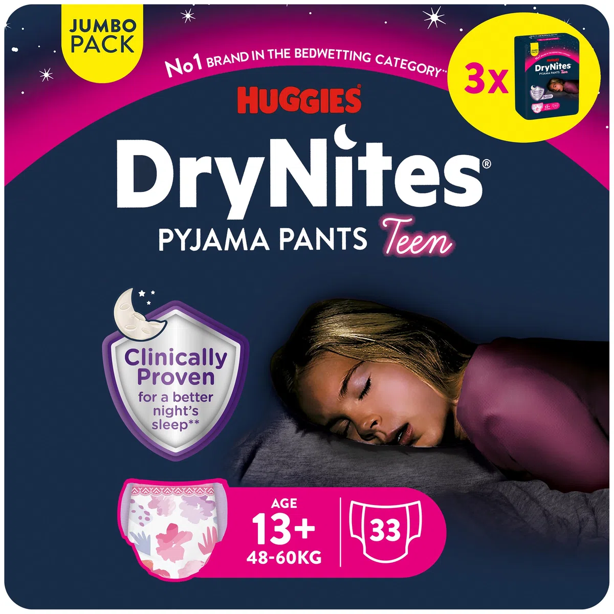 Huggies DryNites Pañales de Noche para Niña 13+ (48-60 kg), Clínicamente Probado con 5 Capas de Máxima Protección Nocturna, 3 Packs de 11, Total 33 Bragas Absorbentes
