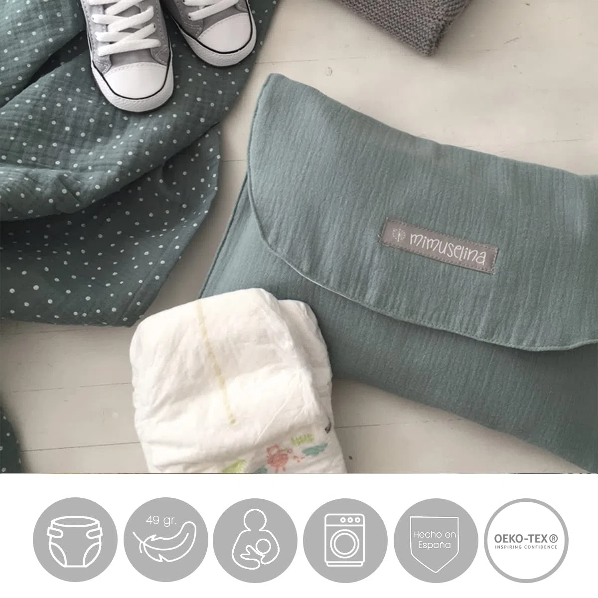 MIMUSELINA - 3X Bolsa Impermeable Bebe Guarderia para Muda | Bolsa Pañales y Toallitas Bebe | Organizador Ropa Bebe | Tela Impermeable (Waffle Mint/B. Mint/Ecru)