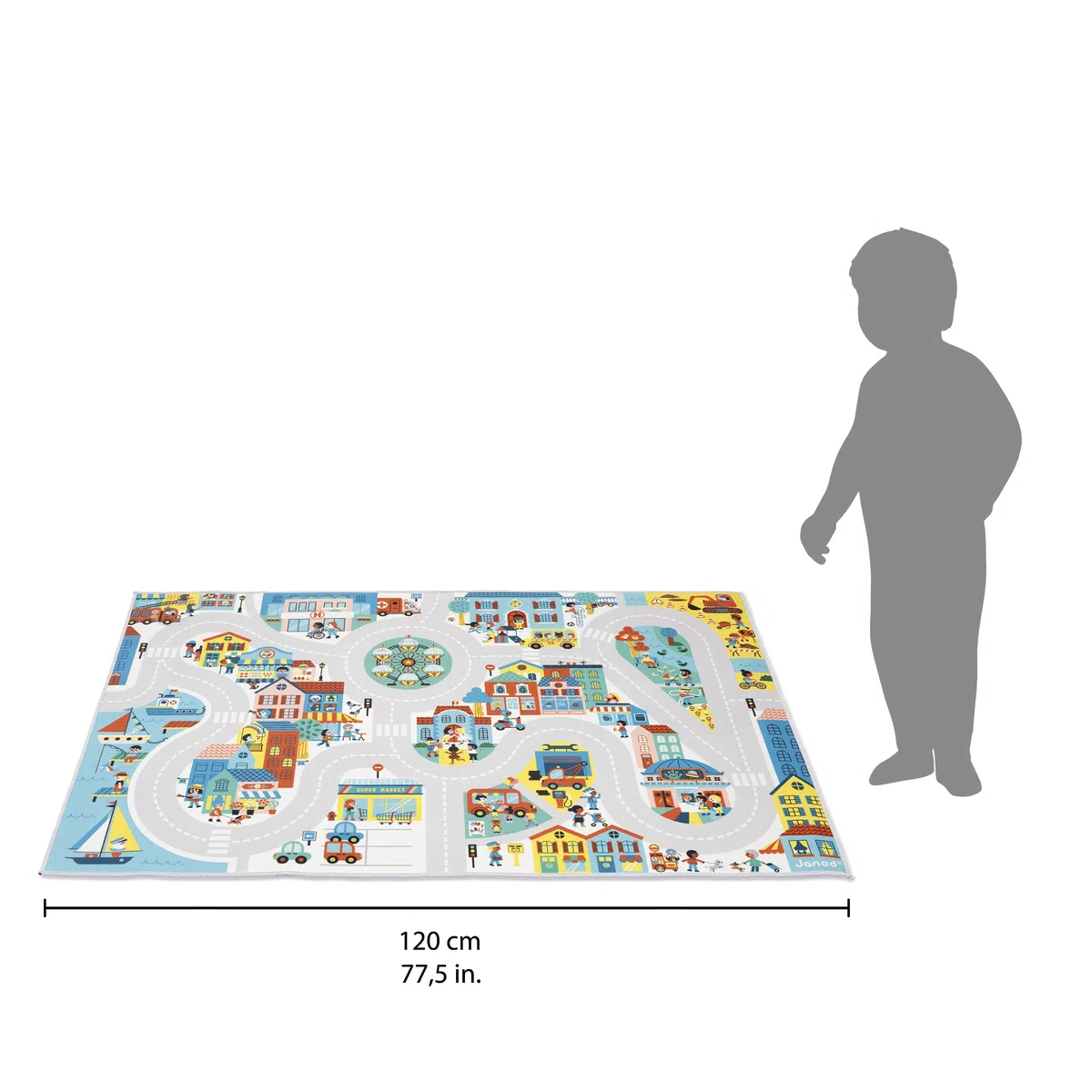 Janod - Alfombra de Coche Infantil - Tema Ciudad - Suave y Antideslizante - Motivo Urbano - Alfombra de Habitación para Niños y Niñas - 120 x 78cm - Lavable a Mano - A Partir de 2 años - J05910