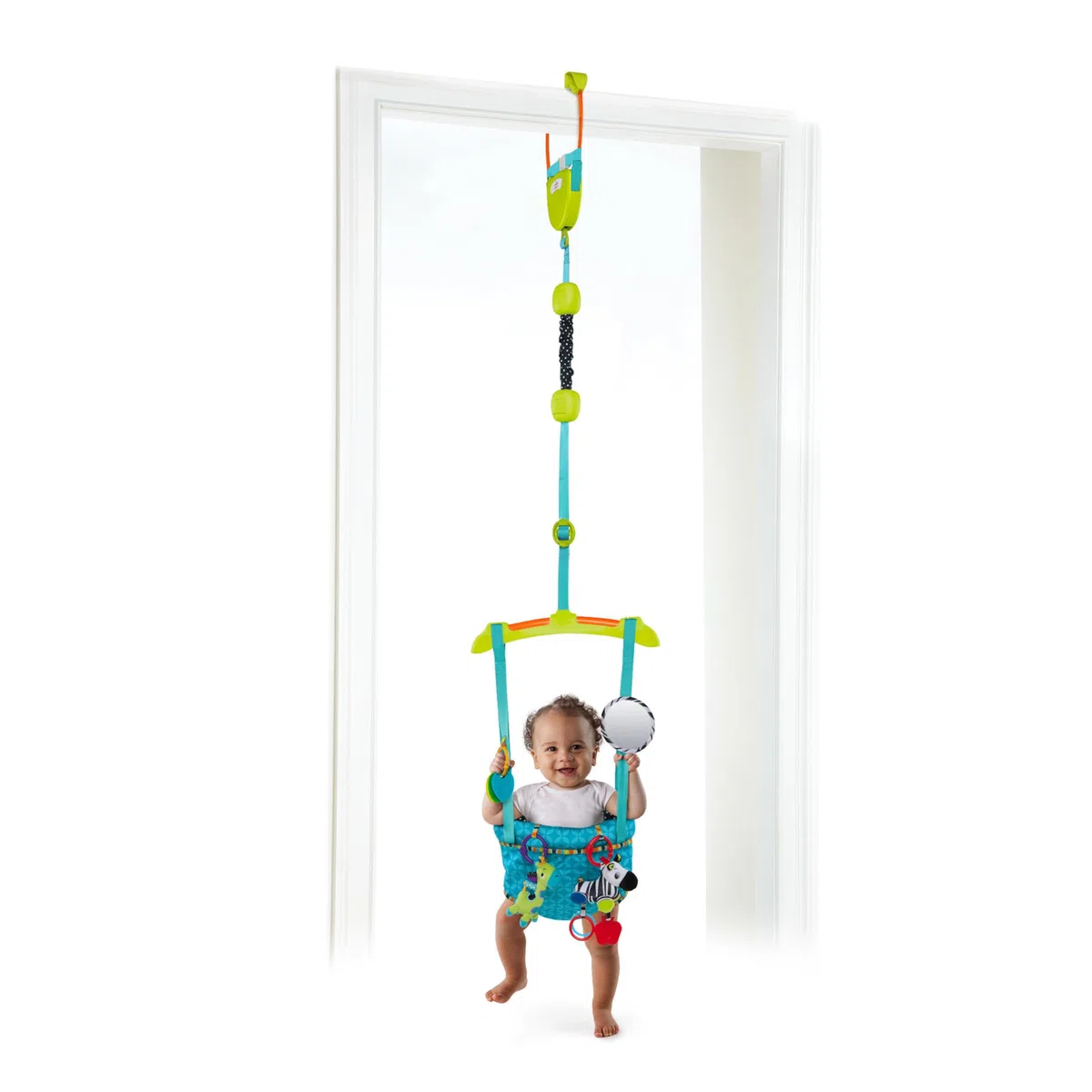 Bright Starts, Saltador de Puerta y Columpio Interior Bounce 'n Spring Deluxe con 4 juguetes de actividad, correa ajustable, asiento lavable, a partir de 6 meses