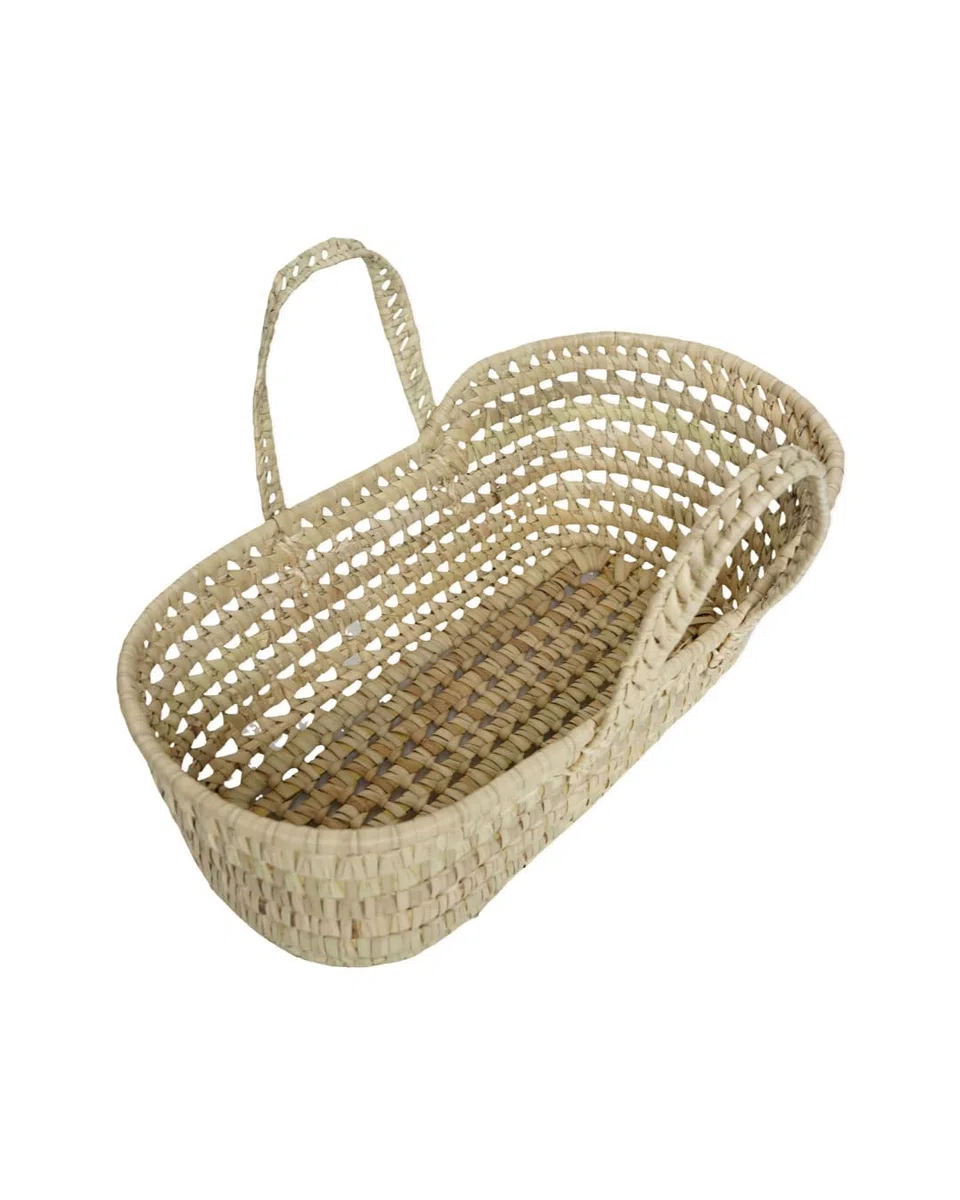 Capazo Bebe Mimbre Artesano de Palma Natural para Muñecos, Bebé Reborn y Decoración Infantil – Hecho a Mano con Asas Jugar y Decorar -Capazo Infantil Mediano