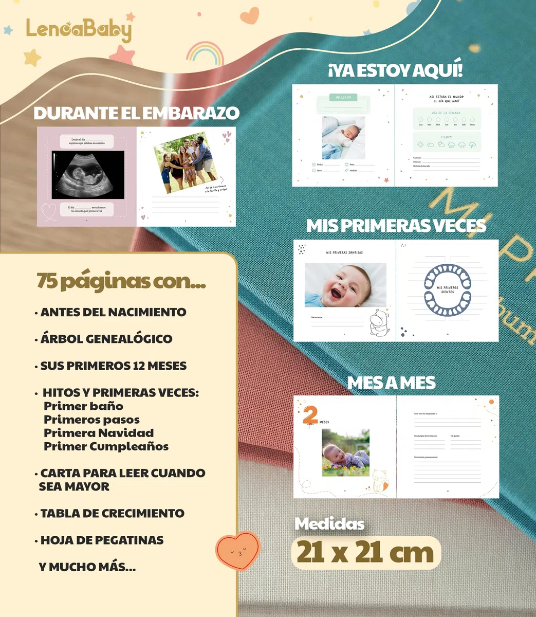 Album Fotos Bebe Mi Primer Año con Portada en Tela Lino y 75 Páginas - Libro Recuerdos Bebe con Pegatinas Ideal como Regalo Bebe Recien Nacido Niño y Niña Regalo Baby Shower - Album Bebe Primer Año