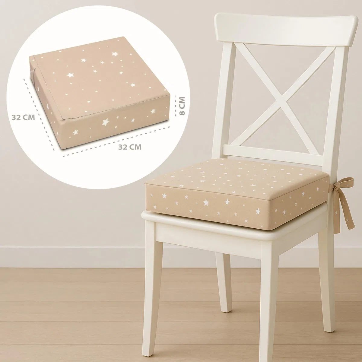 Cojin elevador para silla infantil para comer 32x32x8 cm - Alzador elevador para sillas de niños y niñas Cojín base elevadora con inserto de espuma y funda lavable Beige con estrellas blancas
