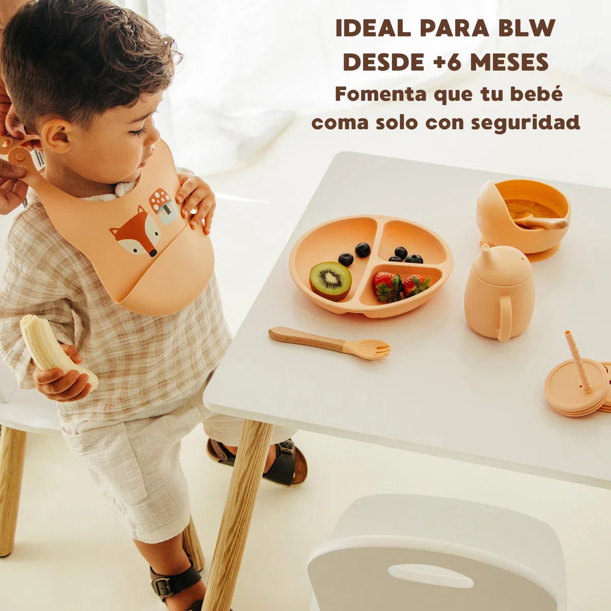Vajilla Bebé BLW Premium 7 Piezas – Silicona Alimentaria sin BPA | Plato y Bol con Ventosa + Vaso Evolutivo 4 en 1 | Set Completo +6 Meses – Regalo Ideal Color Melocotón
