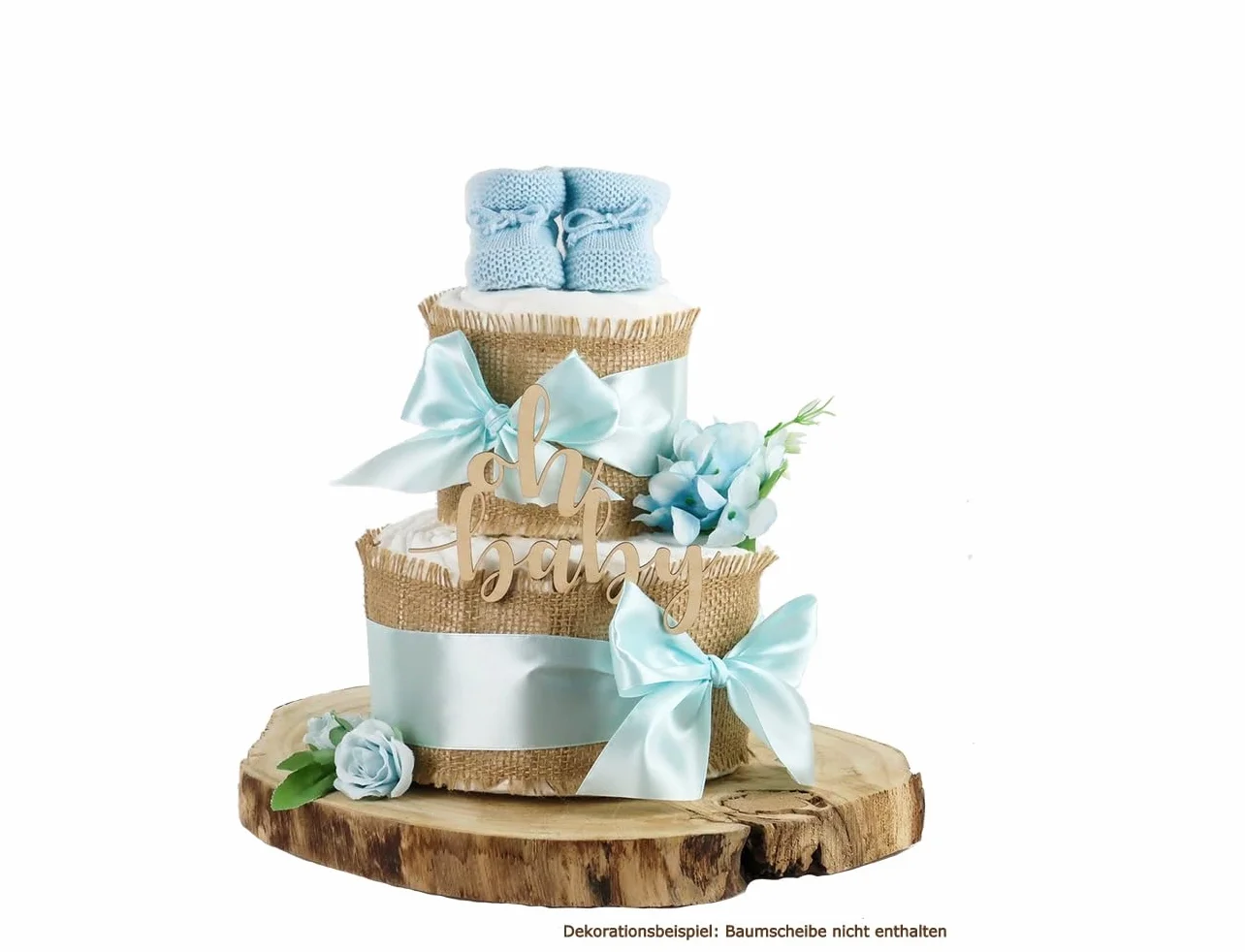 Tarta de pañales TODO JUTE | para nacimiento (2 pisos, azul)