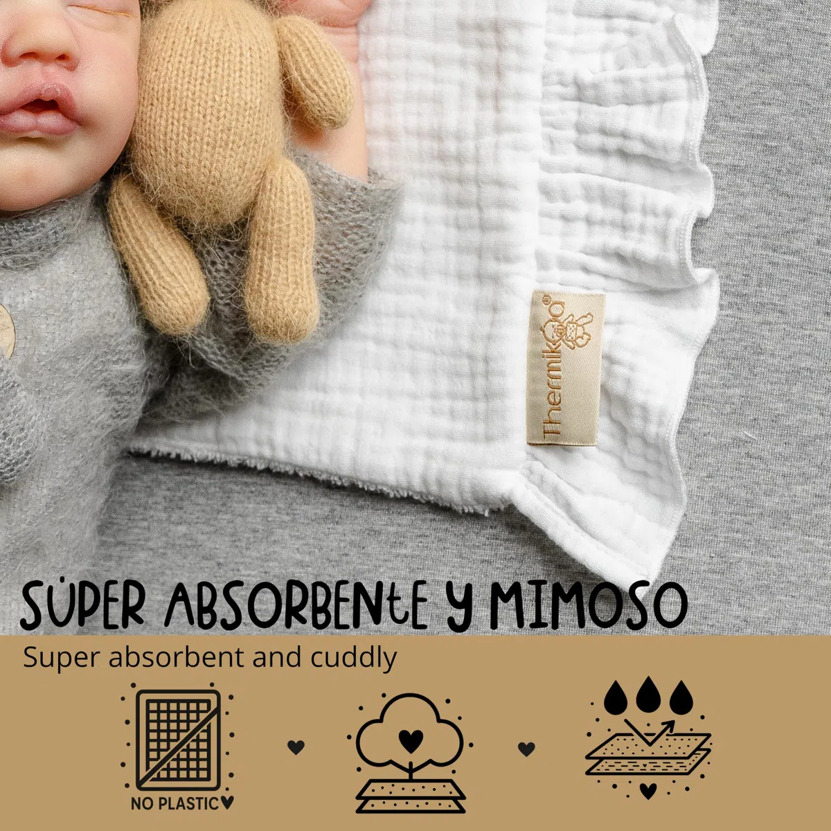 Thermikoa Salvababas Bebe Capazo, Pack de Muselinas de Algodón para Proteger el Colchón y el Hombro, Multiusos, Paños Lactancia Doble Capa de Tela de Muselina y Rizo Algodón (Pack 2 Salvababas)