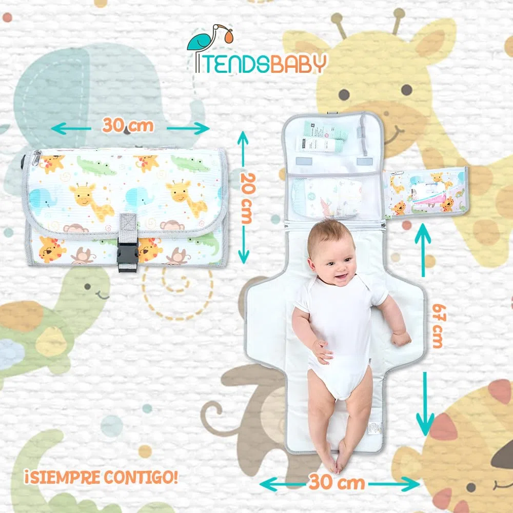 Cambiador para viajes compacto XL – Bolso cambiador desmontable combinable con 6 compartimentos, dispensador de toallitas y cómodo cojín para la cabeza de tu bebé.